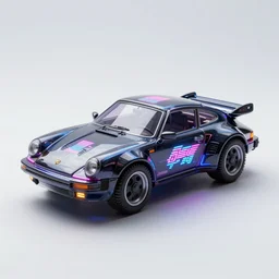 full shot of a box - shaped sci - fi flying vehicle made from dark glass and plastic surfaces with neon kanji decals in the style of bladerunner 2 0 4 9, porsche 9 1 1, side lights, studio lighting, octane render, light background