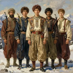 portrait of russian iranian asian african model men jodhpurs winter traveler greg manchess painting by sargent and leyendecker, studio ghibli, fantasy, medium shot, asymmetrical, intricate, elegant, matte painting, illustration, hearthstone, by greg rutkowski, by greg tocchini, by james gilleard, by joe fenton