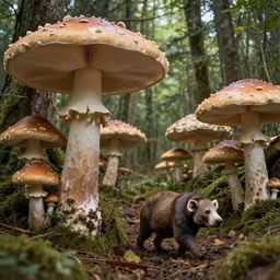 weird animals walking in a forest of giant mushrooms, detailed professional photo