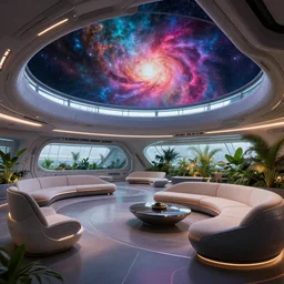 ultra modern concept design of a vast spaceship interior, futuristic chairs and sofas can be seen in the foreground, a large colorful nebula can be seen from a window, large plants in the background, in the style of Guardians of the Galaxy and Blade Runner and Ruan Jia, wide angle shot C 0.01