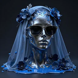 a head made out of melting metal, dark palette, it is wearing sunglasses and a veil, there are flowers all around it, blue paint melting, vogue cover style, demonic style, smooth fractal style, ethereal fantasy style, 3 d perfect render style, horror style