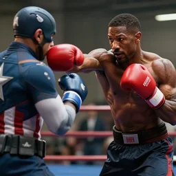 scene of Micheal B Jordan with red boxing gloves shirtless punching captain america, realistic, detailed, 4k by Greg Rutkowski Mark Arian trending on artstation