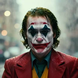portrait photo of joaquin phoenix joker in the rain, high detail, realistic, backlit, frown, wet skin, close headshot, fog, bokeh, streetlights,