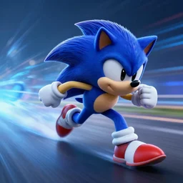 Sonic going really fast, dramatic shot, motion blur, action, blue streaks, ultra realistic, cinematic