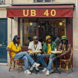 painting of the reggae band ub 4 0 sitting outside a parisian cafe by emile friand