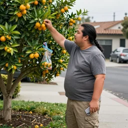 a short stocky [[[chubby]]] man with long black hair in a braided ponytail, wearing cargo shorts and a plain t-shirt, stealing kumquats from his neighbor's tree and putting them into a ziplock baggy, holding his iphone in his otherhand, in the daytime in suburban San Diego, California