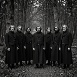 photo of group 19th century cult cultists in the dark forest by Diane Arbus and Louis Daguerre