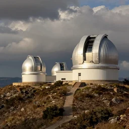 Modern Spanish observatory of multiple telescopes scattered across the mountaintop  painted in classic English style by John Constable