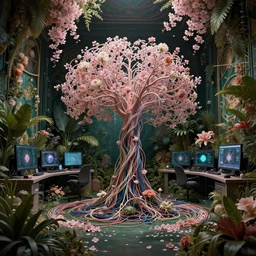 floral cherry blossom and jungle plants, in a floral room full of neural networks and wires and computers, dark sci - fi, ai, 4 k realistic, art nouveau