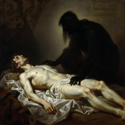hyper Realistic oil painting of the shadow figure which look at the figure of the dead body in the infinite baroque cloth folds, long shot realistic painting with dramatic volumetric lighting in the style of Michelangelo da Caravaggio and Beksinski, masterpiece, 4k - n 6