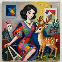 a messy painting of a woman called bambi in the style of laszlo moholy - nagy and noriyoshi ohrai, named after the cartoon deer, trending on artstation, highly detailed, ultrarealistic, digital art