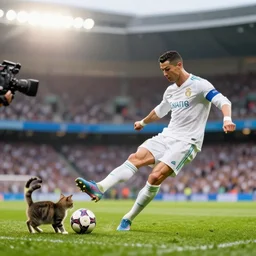 ronaldo kicking a cat like a football in a stadium filled with people, taken by a sport's camera, depth of field, sun flare.