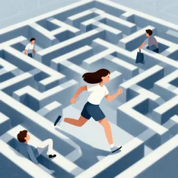 editorial illustration of girl running in an impossible maze, mads berg, christopher balaskas, victo ngai, rich grainy texture, detailed, dynamic composition, wide angle, matte print, unreal engine, screen print, ( ( dither ) )