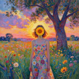 girl with flower as a face, flower dress, standing in a flower field, big trees, sunrise dramatic light, impressionist painting, colorful clouds, digital painting, pointillism, artstation, simon stalenhag
