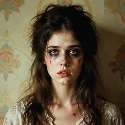 a beautiful but creepy girl in layers of fear, with haunted eyes and dark hair piled on her head, 1 9 7 0 s, seventies, wallpaper, a little blood, morning light showing injuries, delicate embellishments, painterly, offset printing technique, by brom, moebius, robert henri, walter popp