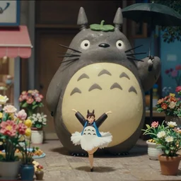 beautiful hyperrealism three point perspective film still of  flower shop yggdrasil dance scene in Totoro(1988) extreme closeup portrait in style of 1990s frontiers in translucent porclein miniature street photography seinen manga fashion edition, miniature porcelain model, focus on face, eye contact, tilt shift style scene background, soft lighting, Kodak Portra 400, cinematic style, telephoto