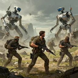 a group of people hunting for rogue robots, post - apocalyptic, storybook illustration, high quality, artstation
