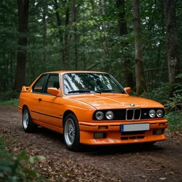 orange bmw e 3 0 m 3 sitting in a forest, photorealistic