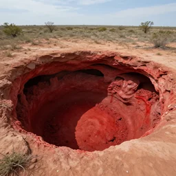 a pit in a large basin in texas, filled with red flesh, cave, digital fantasy art