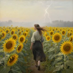 a girl slowly walking through amazing tall sunflower field, hair flowing, fog, early morning lightning, subtle, intricate details, real masterpiece, oil on canvas, by johannes vermeer