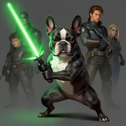 character concept portrait, french bulldog holding a green lightsaber. combat stance. in the style digital painting, concept art, smooth, sharp focus, illustration, from metal gear, by ruan jia and mandy jurgens and william - adolphe bouguereau, artgerm
