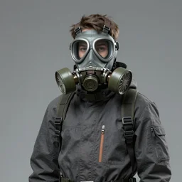 teenager wearing a boiler suit and a futuristic gas mask, science fiction concept art