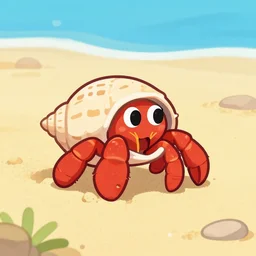 a red cute hermit crab on sandy beach, cartoon