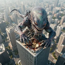 A giant Kraken-like multi-eyed monster jumped up on a high-rise office building and is eating it. High detail, aerial view, photorealism, concept art, octane render, 8k, trending on artstation