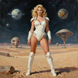 A mixed media portrait painting of a beautiful blonde woman posing on a desert alien planet, soldier, curvy, white atomic-space-age style bikini-armor and boots, aesthetic symmetrical face and eyes, slavic, by Boris Vallejo, Beeple, Frank Frazetta, Greg Rutkowski, Christian MacNevin, Alphonse Mucha, epic fantasy character art, high fantasy, CGsociety, 60's Sci-fi Pinup style, exquisite detail, post-processing, masterpiece, cinematic