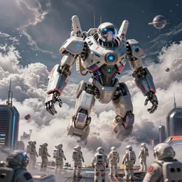 a photo of monolithic mech reaching through the dense clouds towering over a crowd of astronauts in a futuristic city, ultra realistic, hyper - detailed, unreal engine, raytraced lighting, colorful accents