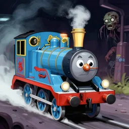 creepy thomas the tank engine in zombie inspired art
