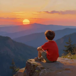 A kid wearing a red shirt sitting on a cliff and looking at the scenery, sunset, beautiful mountains, oil painting by Frank Frazetta, digital art, WLOP, artstation, Mandy Jurgens