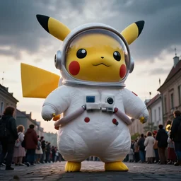 color photograph by legnica, extreme low angle long shot, white extremely oversized giant!! chubby fat american pikachu astronaut in spacesut with oversized helmet walking in legnica, surrounded by lilliput crowd, movie still, bokeh, very dark, cinematic focus, backlighting!, mooddy sunrise, dramatic, film, photography, depth of field, award - winning, overcast, 8 k, 3 5 mm film grain