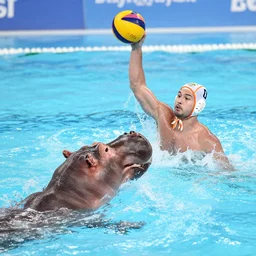 water polo being played with hippos. sports photograph.