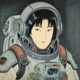 a beautiful ukiyoe painting of cyberpunk battle space pilot, lee jin - eun wearing space techwear, detailed symmetrical close up portrait, intricate complexity, concept art, by wlop, conrad roset, james jean, vincent di fate, cinematic dramatic atmosphere, sharp focus