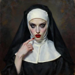hyperrealistic artnouveau portrait oil painting of a seducing evil nun fine delicate details dark and blurry colors in style of michael hussar and alexandermcqueen