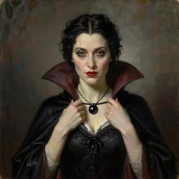 A beautiful painting of a lady vampire, victorian, dracula, ominous, oil on canvas, photorealism, alphonse mucha, caravaggio, high definition, soft light