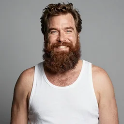 tim robbins with a giant beard wearing a white tank top and smiling