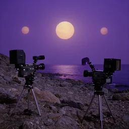 a wide angle color movie still of a rocky beach on an alien planet, three suns, purple sky, purple water, beautiful shot on celluloid with panavision cameras, panavision lenses, 3 5 mm film negative width, anamorphic projection format, critically acclaimed, oscar winning practical effects