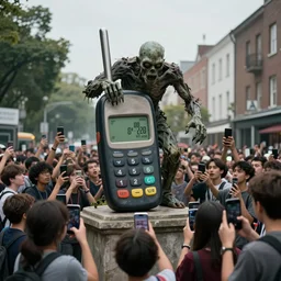 a crowd of young people on the streets hold their cell phones close to them, they look like zombies, on a podest there is a big cellphone god preying and talking to the crowds, they look up on him, fantasy style, 4 k, philosophical art