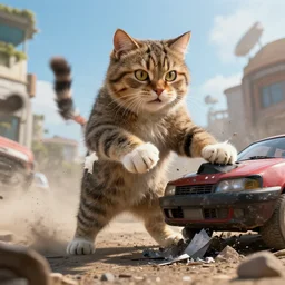 powerful cat lifts and smashes cars, high definition movie, photorealistic detail, futuristic production, adventure movie, 8 k