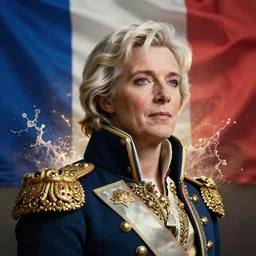 Portrait of Marine Le Pen as emperor napoleon, french flag, amazing splashscreen artwork, splash art, head slightly tilted, natural light, elegant, intricate, fantasy, atmospheric lighting, cinematic, matte painting