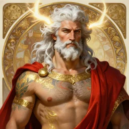 painted portrait of rugged zeus, god of thunder, greek god, white hair, masculine, mature, handsome, upper body, red and gold, tattooed, muscular, hairy torso, fantasy, intricate, elegant, highly detailed, digital painting, artstation, concept art, smooth, sharp focus, illustration, art by gaston bussiere and alphonse mucha