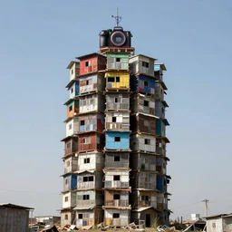 a tower made up of makeshift squatter shacks, dystopia, sony a 7 r 3, f 1 1, fully frontal view, photographed by ansel adams, ultra detailed,