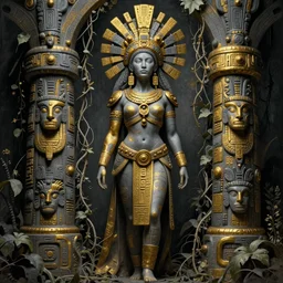 beautiful aztec inca woman full body well proportioned in tunic stands among lianas by eddie mendoza hyperrealism cyborgess expressive dramatic symmetrical very very detailed giger beksinski grey and gold