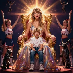 twin peaks art of taylor swift standing next to young boy sitting in throne, cheerleader sacrificed to moloch in a ritual by brian k. vaughan