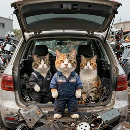 car dump with the remains of robots. half man half cat in work clothes. anthropomorphic cats in the middle of a car dump. artstation trend, 4 k, high detail. wow. digital render. octane render. vray