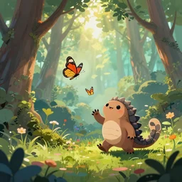 an innocent tardigrade chasing butterflies in a magical forest, fantasy art, god rays, beautiful colors, by cyril rolando and asher durand and natalie shau