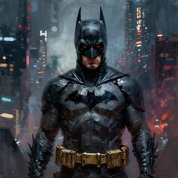 cyberpunk batman with fullface mask, red bat logo, full shot, moody, futuristic, city background, brush strokes, oil painting, greg rutkowski