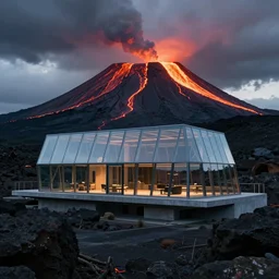 concept art of a modern glass house built over a volcano, lava in the background